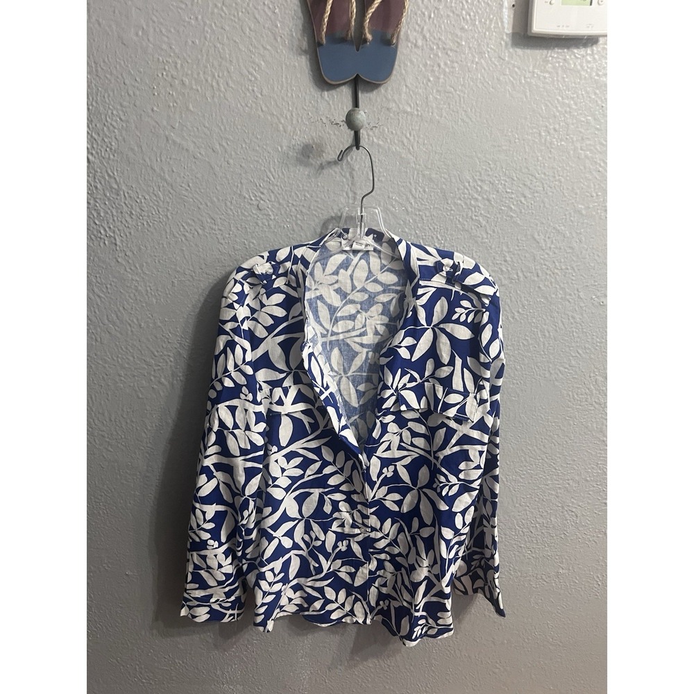 Calvin Klein Women's Blouse Size XL Linen‎ Blend Blue White Floral Long Sleeve
